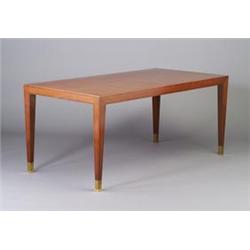 Fine Italian mahogany dining table, c. 1950, with rectangular top, flush apron and tapering legs...
