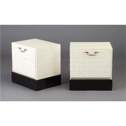 Pair of TOMMI PARZINGER ivory enameled nightstands with prunted case with drop-front, brass hardw...