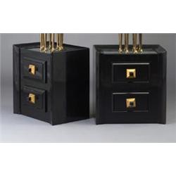 Pair of JAMES MONT fine custom-designed black lacquered night stands, 1946-47, each chest with tw...