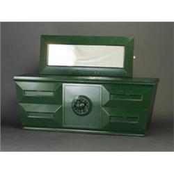 JAMES MONT teal-colored chest with four drawers flanking one cabinet door with Chinese-style carv...