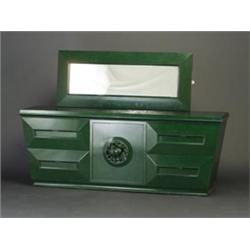 JAMES MONT teal-colored chest with four drawers flanking one cabinet door with Chinese-style carv...