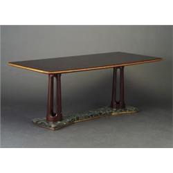 OSWALDO BORSANI-attributed dining table, c. 1938, with smoked mirror top, wood trestle and green...