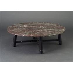 Custom T.H. ROBSJOHN-GIBBINGS circular red, brown and white figural marble-topped coffee table, c...