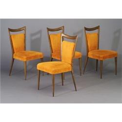 Set of four GIO PONTI dining side chairs with curved crest rails and flaring legs, upholstered in...