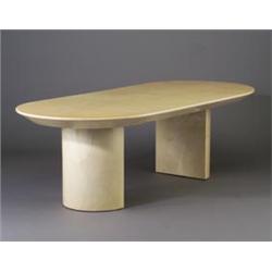 KARL SPRINGER dining table with demi-lune pedestals and chamfered oval top in original ivory lami...