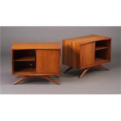 Pair of VLADIMIR KAGAN cherry nightstands, each with an open cabinet with adjustable shelf next t...