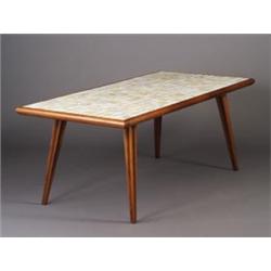 VLADIMIR KAGAN rectangular walnut dining table with inset tile top on unusual flaring ribbed legs...