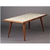 Image 1 : VLADIMIR KAGAN rectangular walnut dining table with inset tile top on unusual flaring ribbed legs...