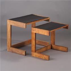 cwo VLADIMIR KAGAN cantilevered nesting maple end tables with black laminate tops. Some scratches...