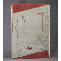 MICHAEL GRAVES cut-pile abstract area rug, 1979, in shades of gray, burgundy and cream. Minor sta...