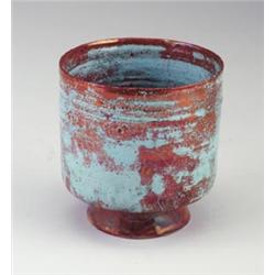 Fine BEATRICE WOOD footed straight-walled vessel covered in a lustered oxblood and turquoise glaz...