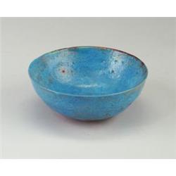 BEATRICE WOOD bowl covered in a thick Chinese Blue glaze with oxblood flashes. Signed Beato, numb...