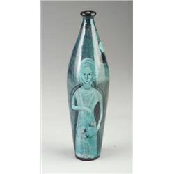 PILLIN tall bottle in shades of teal, aqua and black of a woman with three birds and a woman hold...