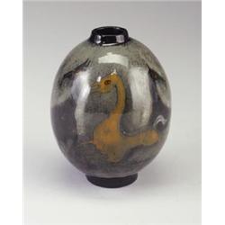 PILLIN ovoid vase with stylized horses in charcoal, ochre and black on a mottled gray ground. Tou...