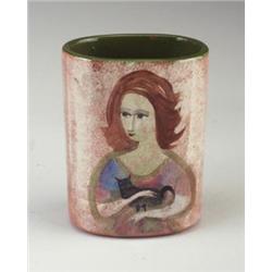 PILLIN flattened vase with woman holding a kitten on each side, (eyes open and eyes closed) in po...