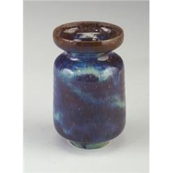 Fine NATZLER cylindrical vessel with cupped rim, covered in a mahogany, green and blue hare's fur...