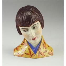 Fine KERAMOS Art Deco bust of a woman wearing an orange and yellow kimono, in polychrome. Stamped...