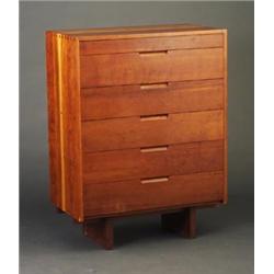 Fine and rare GEORGE NAKASHIMA six-drawer cherry chest with dovetailed case construction, recesse...