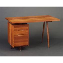 Fine and rare GEORGE NAKASHIMA single pedestal cherry desk with three drawers, cantilevered recta...
