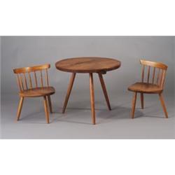 Rare GEORGE NAKASHIMA child's walnut table and chair set, 1987, with two diminutive Mira chairs a...