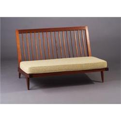 Fine GEORGE NAKASHIMA spindled-back walnut settee with beige and brown tweed cushions, (back cush...