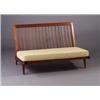 Image 1 : Fine GEORGE NAKASHIMA spindled-back walnut settee with beige and brown tweed cushions, (back cush...