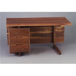 GEORGE NAKASHIMA single pedestal walnut receptionist's desk with three drawers, privacy screen, a...