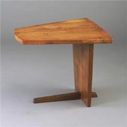 GEORGE NAKASHIMA walnut trapezoidal side table with cantilevered free-edge top and plank base. Un...