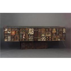 Fine and rare PAUL EVANS custom-designed welded steel sculpture-front cabinet, 1964, with four do...