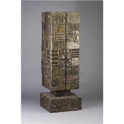 Fine and large PAUL EVANS custom-designed tall cabinet, 1970, with patinated bronze sculpted surf...