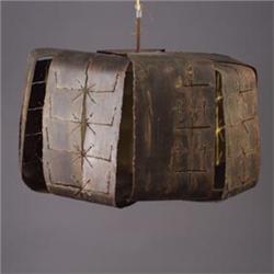 Rare PAUL EVANS hanging light fixture with eight-sectioned pierced sheet metal with copper and en...