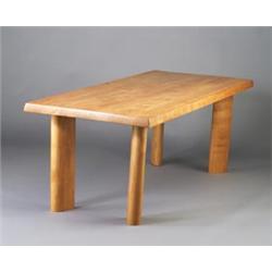 Rare CHARLOTTE PERRIAND pine dining table with splined rectangular top and channeled long edges o...