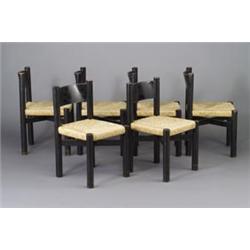 Set of six CHARLOTTE PERRIAND dining side chairs with round posts, black-enameled arched back rai...