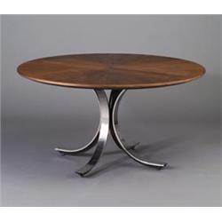 OSWALDO BORSANI dining table with four arched chrome bands under a circular wood veneer top with...