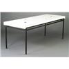 Image 1 : Modern dining table with a white laminate rectangular top inset with six small ceramic tiles on a...
