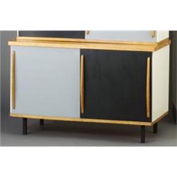 WILLY VANDERMEEREN birch-top cabinet c. 1950, with enameled steel frame and two sliding blue and...