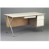 Image 1 : RAYMOND LOEWY desk with gray formica top, pegboard back and three white enameled drawers, on alum...