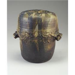 Fine TOSHIKO TAKAEZU closed sculptural stoneware form with hand-modeled top panel, mid-section, a...