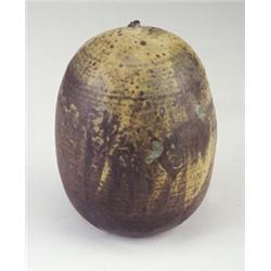 TOSHIKO TAKAEZU ovoid stoneware moonpot with speckled ochre, brown and blue dead-matte glazes, wi...