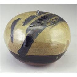 TOSHIKO TAKAEZU squat stoneware moonpot with exceptional dipped and brushed glazes: mottled beige...