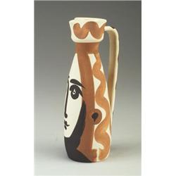 PABLO PICASSO for MADOURA ewer painted with abstract face in brown and black matte glaze on an of...