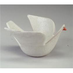 GAMBONE ceramic bowl shaped as a dove with cut-out wings and applied orange beak on white crackle...