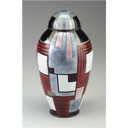 Exceptional CAMILLE FAURE enameled copper covered jar, painted with thick white, black, burgundy,...