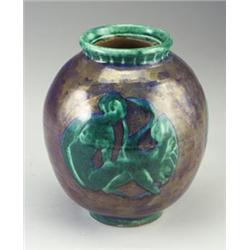 EDOUARD CAZAUX ceramic vase depicting Leda and the Swan in blue and green. Signed Cazaux. 10" x 8...