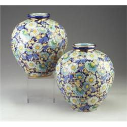 Pair of BOCH FRERES large bulbous vases, enamel-decorated in cuerda seca with flowers in white, b...