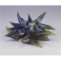 Fine and large LIVIO SEGUSO sea urchin sculpture, early-mid 1970s, of green and blue scavo glass....