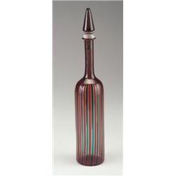 VENINI a cane glass tall stoppered bottle with vertical stripes of teal and red. Foil Venini labe...