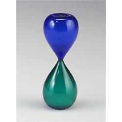 VENINI hourglass with cobalt and teal glass lobes. Illegible stamped mark. 5 1/2  x 2   $500 - 75...