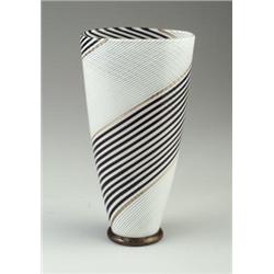 DINO MARTENS tall flaring vase with a cane spiral stripes of lattimo. black and aventurine glass....