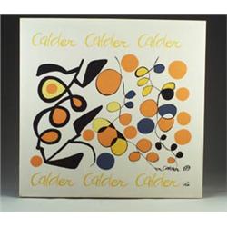 ALEXANDER CALDER screenprint on silk, abstract composition of circles and squiggles in orange, bl...